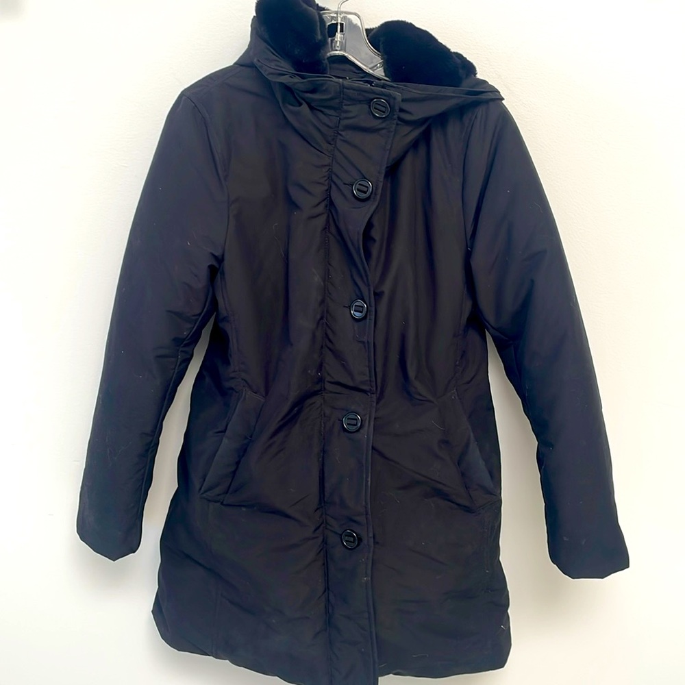Uniqlo black down coat with fur lined hood